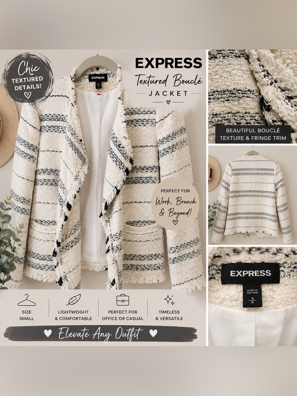 Express Bouclé Tweed Open Front Fringe Jacket Ivory Black Size Small